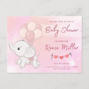 Carte Postale baby shower d'invitation, éléphant, filles,