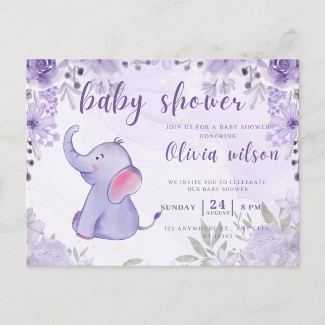 Carte Postale baby shower d'invitation, fleurs d'éléphants viole (Devant)