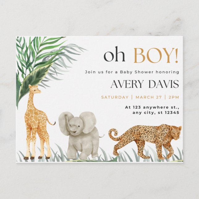 Carte Postale baby shower d'invitation, sauvage, animaux (Devant)