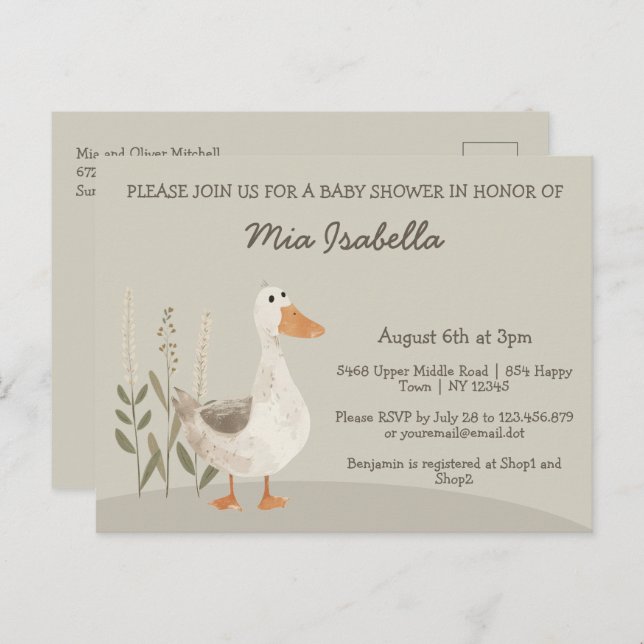 Carte postale Baby shower d'oie d'aquarelle (Devant / Derrière)