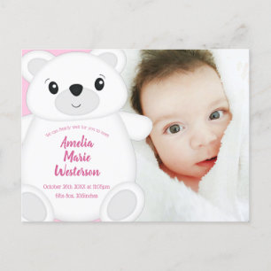 Carte Postale Baby shower d'ours polaire rose