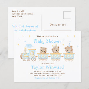Carte Postale Baby shower du train Bear Blue