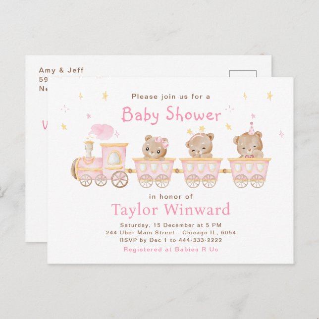 Carte Postale Baby shower du train Bear Pink (Devant / Derrière)