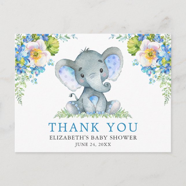 Carte Postale Baby Shower Éléphant Floral Bleu Aquarelle (Devant)