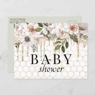 Carte Postale Baby shower en marbre à Parties scintillant fleuri