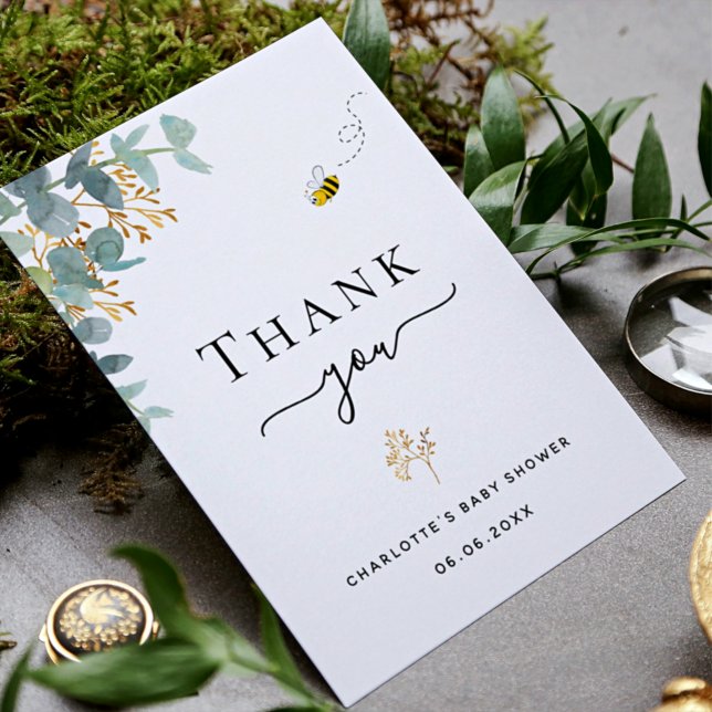 Carte Postale Baby shower eucalyptus verdure abeille merci (Créateur téléchargé)