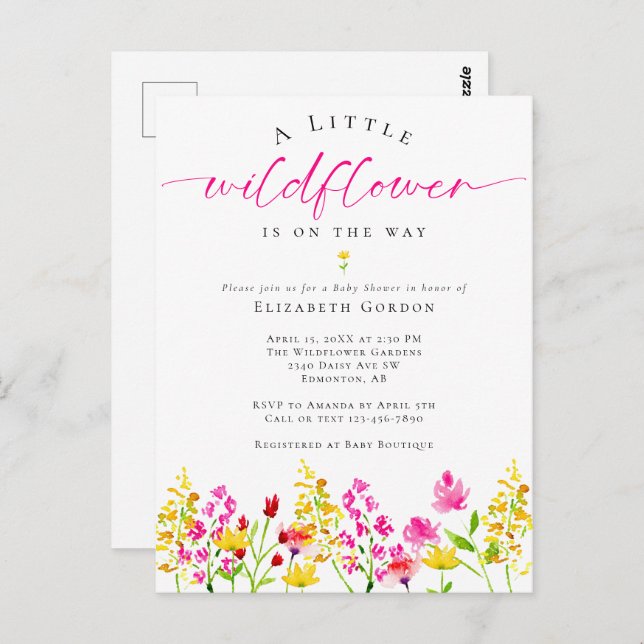 Carte Postale Baby shower fleur sauvage Aquarelle Floral rose mo (Devant / Derrière)