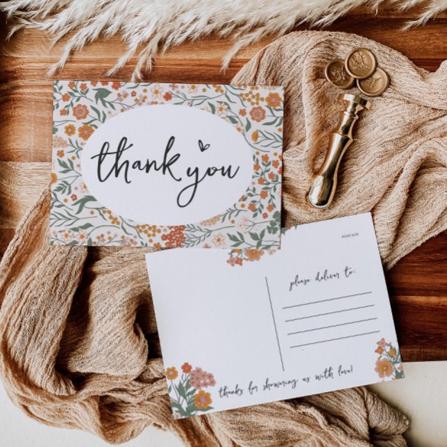 Carte postale Baby shower Fleur sauvage rustique (Rustic Wildflower Thank You Postcard)