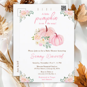 Carte Postale Baby Shower Fleurs et Citrouilles Roses