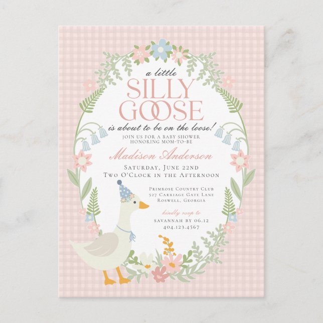 Carte Postale Baby shower Floral En vichy d'oie soie rose (Devant)