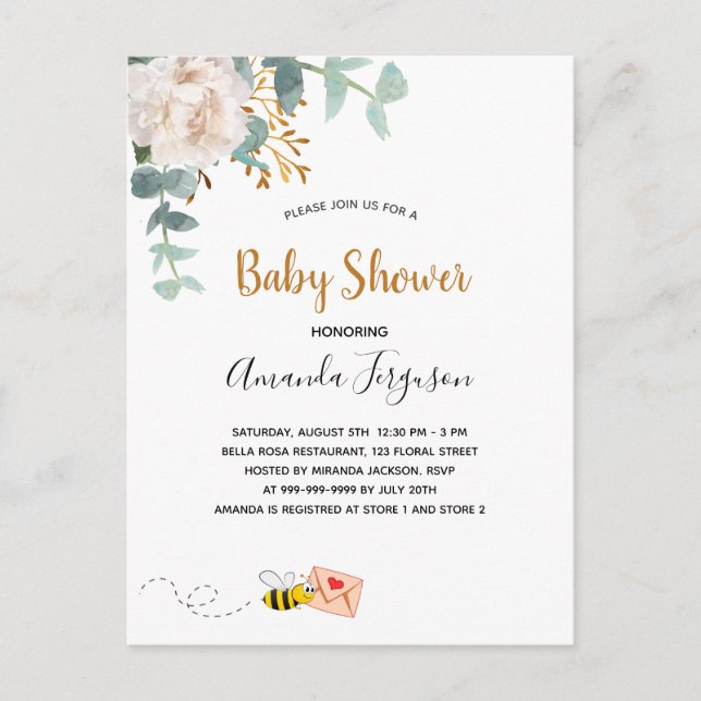 Carte Postale Baby shower floral verdure blanche mignonne maman  (Devant)
