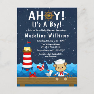 Carte Postale Baby Shower Garçon Marin Singe Rouge et Bleu Marin
