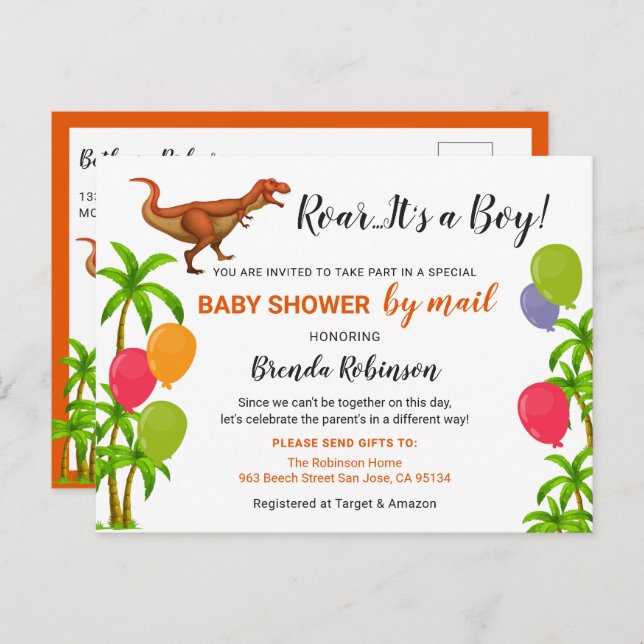 Carte Postale Baby Shower Garçon Par La Poste Roar Jungle Dinosa (Devant / Derrière)