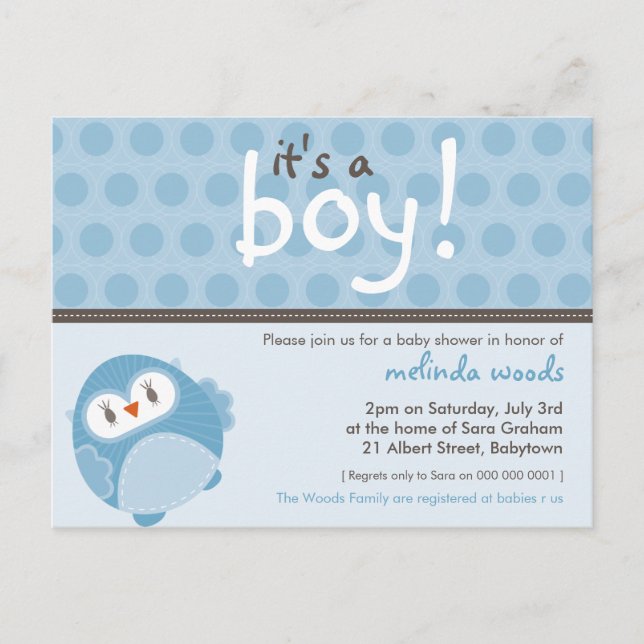 Carte Postale BABY SHOWER INVITATION :: c'est un hibou garçon 7 (Devant)