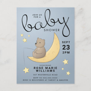 Carte Postale Baby shower Lune d'ours et étoiles