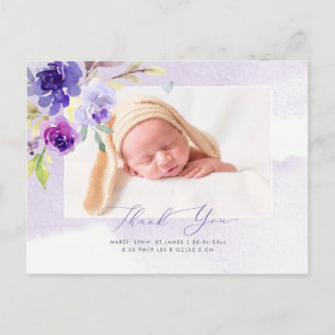 Carte Postale baby shower Merci Aquarelle Violet Roses