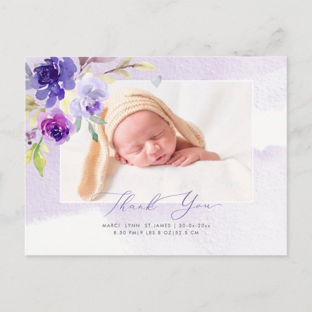 Carte Postale Baby shower Merci Aquarelle Violet Roses (Devant)
