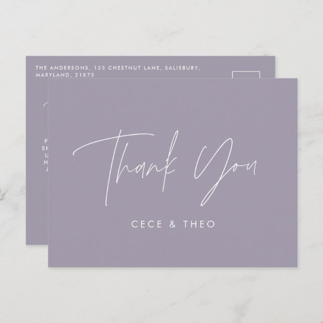 Carte Postale Baby shower merci lilas violet élégant moderne (Devant / Derrière)