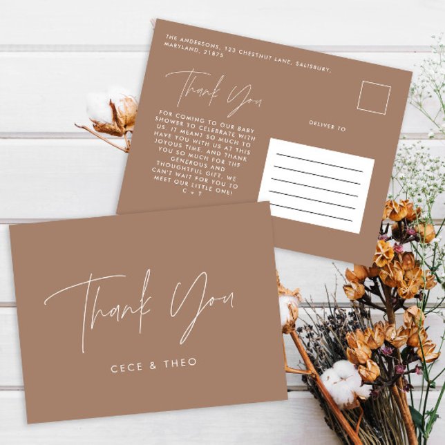 Carte Postale Baby shower merci naturel brun élégant moderne (Créateur téléchargé)