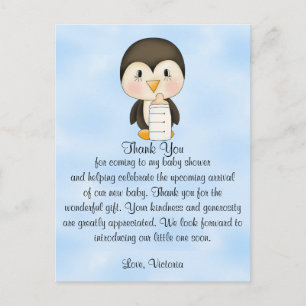 Carte Postale Baby shower Merci Penguin