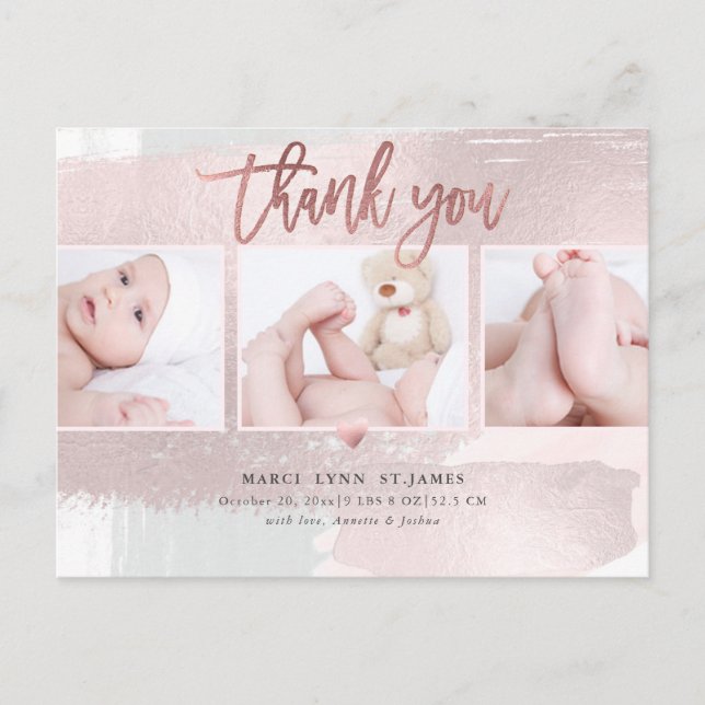 Carte Postale Baby shower Merci Pinceau rose (Devant)