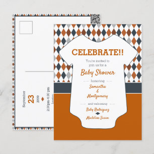 Carte Postale Baby shower Motif de Jacquard orange brûlé