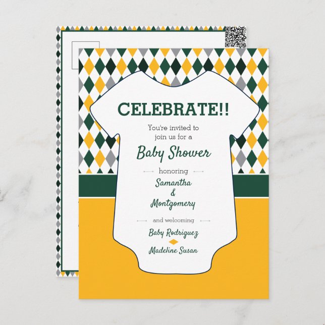 Carte Postale Baby shower Motif de Jacquard vert foncé et jaune (Devant / Derrière)