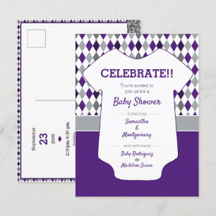 Carte Postale Baby shower Motif Jacquard gris violet et argenté