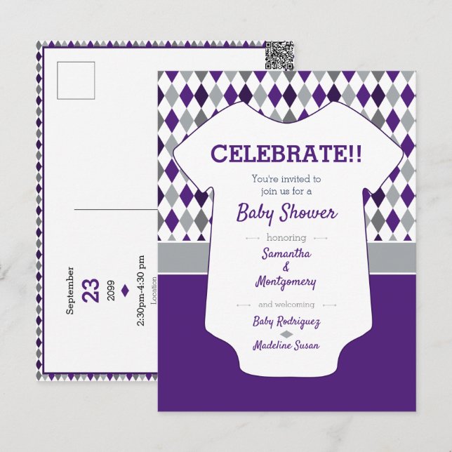 Carte Postale Baby shower Motif Jacquard gris violet et argenté (Devant / Derrière)