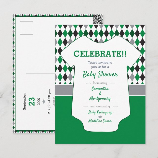 Carte Postale Baby shower Motif Jacquard vert et noir (Devant / Derrière)