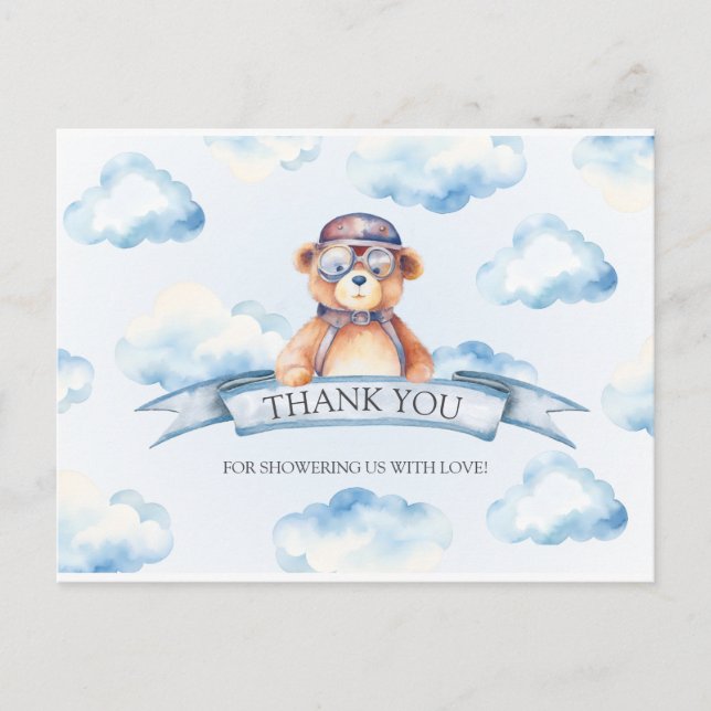 Carte Postale Baby Shower Ours en Vieux Nuage Bleu (Devant)