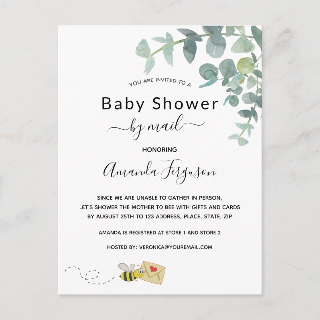 Carte Postale Baby shower par mail blanc eucalyptus vert abeille (Devant)