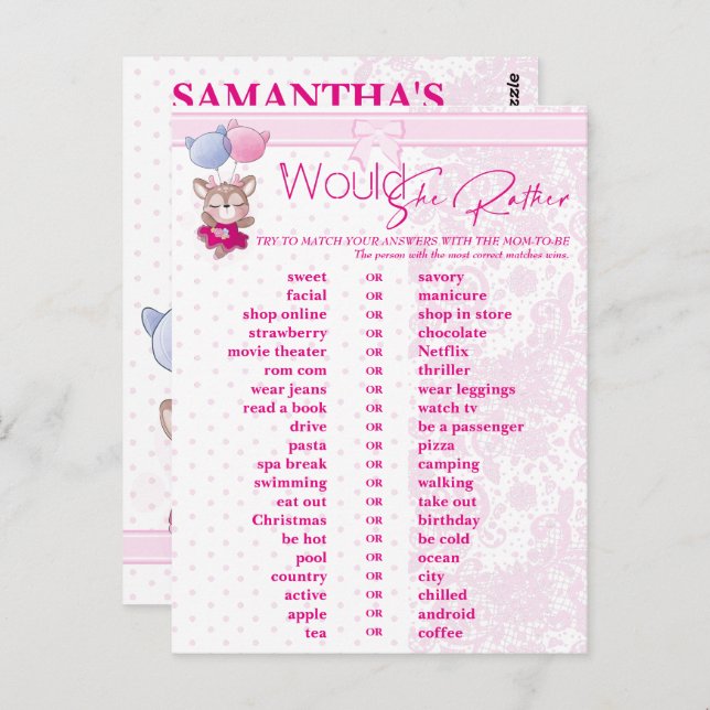 Carte Postale Baby shower. Pink Baby Dee Prediction et conseil. (Devant / Derrière)