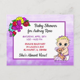 Carte Postale Baby shower pour fille, bébé et ours en peluche po