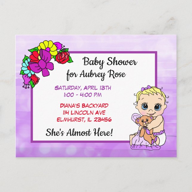 Carte Postale Baby shower pour fille, bébé et ours en peluche po (Devant)