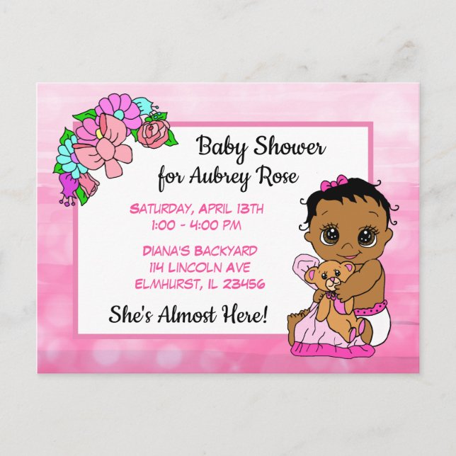 Carte Postale Baby shower pour fille, Pink Bow Ethnic Baby Invit (Devant)