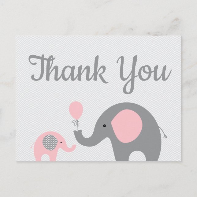 Carte postale Baby shower rose Grey Elephant (Devant)