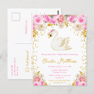 Carte Postale Baby Shower Rose Pink et Or Cygne