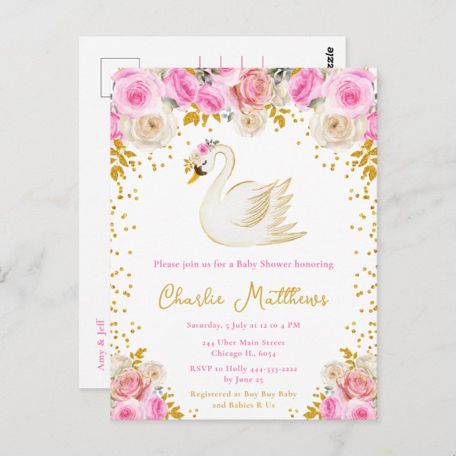 Carte Postale Baby shower Rose Swan Pink et Gold (Devant / Derrière)