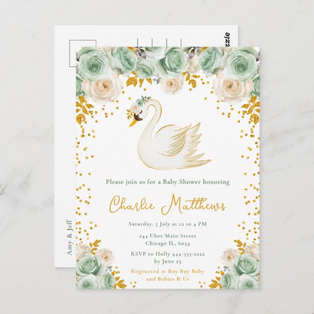 Carte Postale Baby shower Rose Swan Sage Green et Gold (Devant / Derrière)