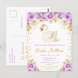 Carte Postale Baby Shower Rose Violette et Or de Cygne