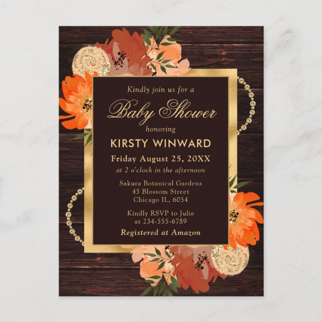 Carte Postale Baby shower Rustique Burnt Orange Fall Flowers (Devant)