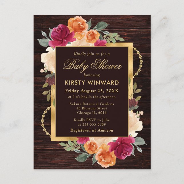 Carte Postale Baby shower Rustique Burnt Orange Red Fall Flowers (Devant)