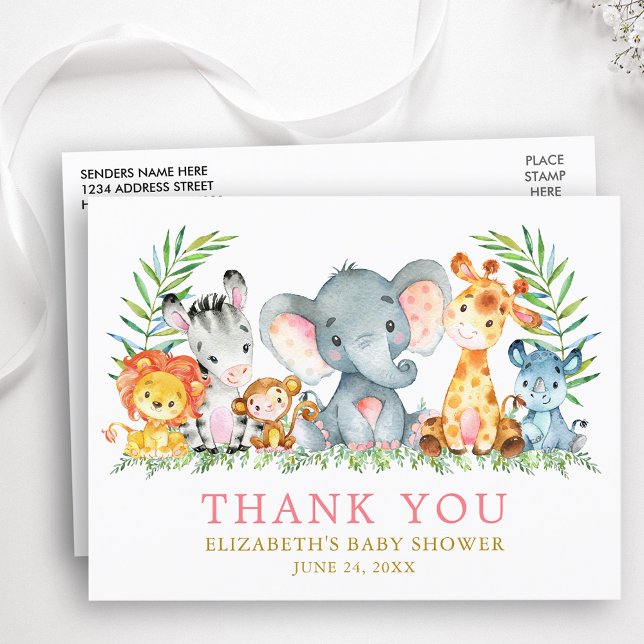 Carte Postale Baby shower Safari Animaux Merci rose (Customize to change text size, color or text style.)