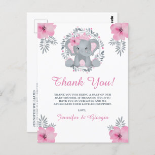 Carte Postale Baby shower Safari rose Floral Elephant Merci
