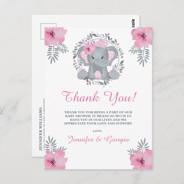 Carte Postale Baby shower Safari rose Floral Elephant Merci (Devant / Derrière)