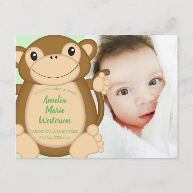 Carte Postale Baby shower singe Jungle (Devant)