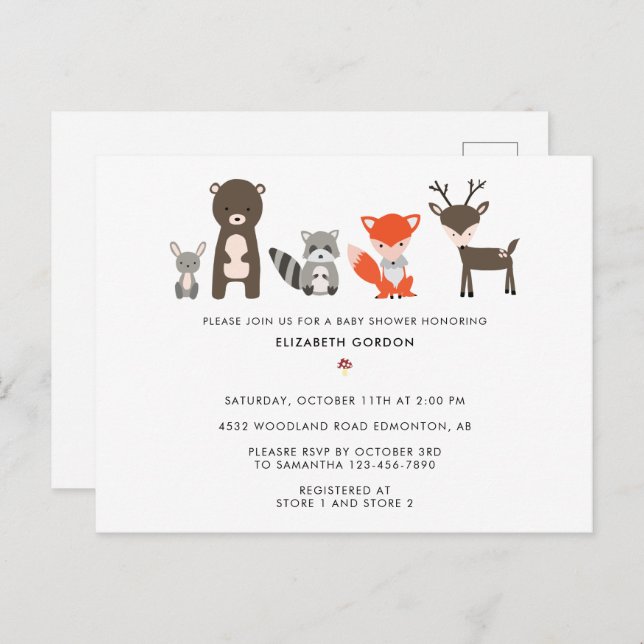Carte Postale Baby-Shower Thème Forêt Mignon Neutre I (Devant / Derrière)