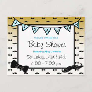 Carte Postale Baby-Shower Thème Moustache et Nœud Papillon Bleu