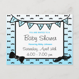 Carte Postale Baby-Shower Thème Moustache et Nœud Papillon Bleu